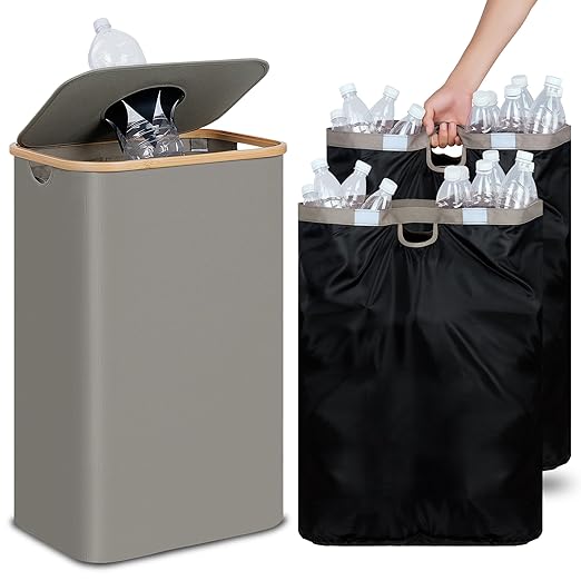 efluky Recycle Bin 26 Gallon, 100L Recycle Bin for Kitchen with 2 Removeable and Reusable Inner Bag, Large Recycling Bin with Lid for Bottle Can Plastice Stickers (Grey)-DeskLoop Office