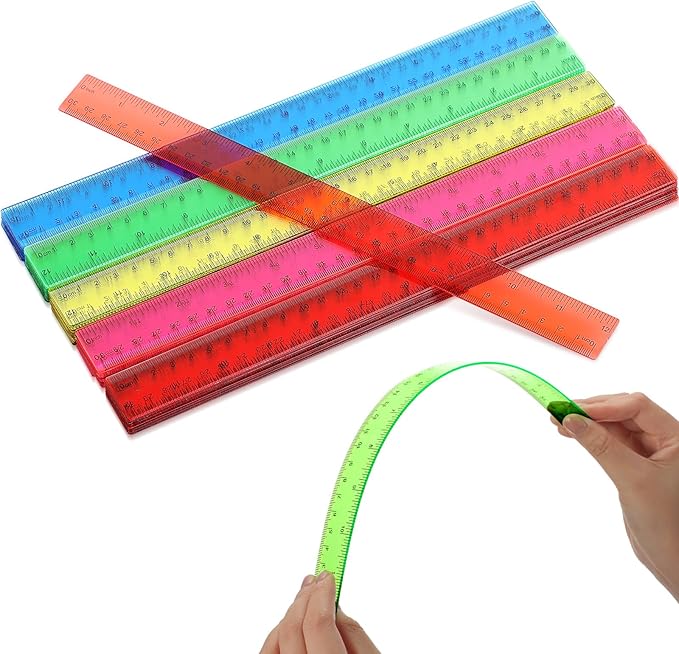 Zonon 50 Pcs 6 Inch/12 Inch Plastic Rulers Bulk Flexible Straight Rulers with Inches Centimeters First Day of School Gift Students Back to School Office Home Supplies(Clear Colorful,12 Inch)-DeskLoop Office