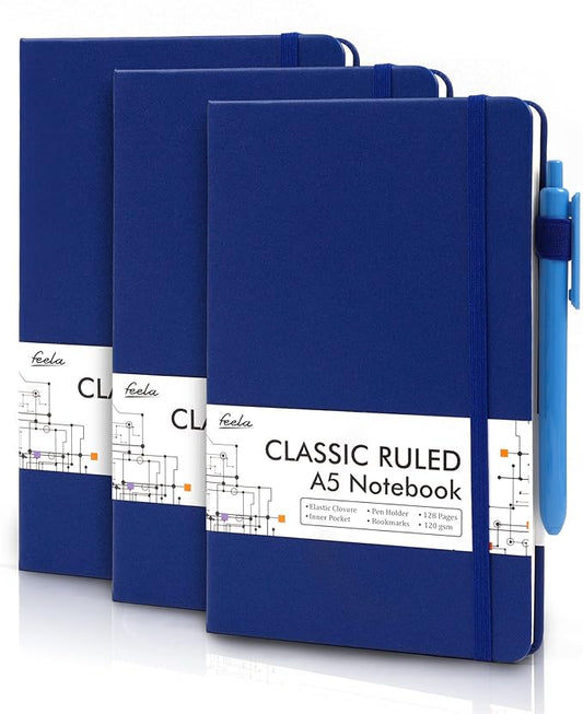 feela 3 Pack Notebooks Journals Bulk with 3 Black Pens, A5 Hardcover Notebook Classic Ruled Lined Journal Set with Pen Holder for Work Business Journaling Note Taking, 120 GSM, 5.1”x8.3”, Navy-DeskLoop Office