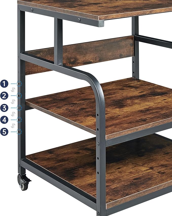 23.6" Deep Extra Large Printer Stand, 3 Tier Printer Table with Adjustable Storage Shelf, Rolling Printer Cart with Industrial Wheels for Home Office, Rustic Brown-DeskLoop Office