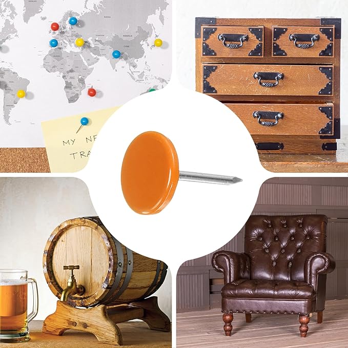 uxcell 120Pcs Push Pins, 11mmx17mm Round Flat Head Decorative Thumb Tacks Upholstery Tacks for Cork Board Office Wall Hangings, Orange-DeskLoop Office