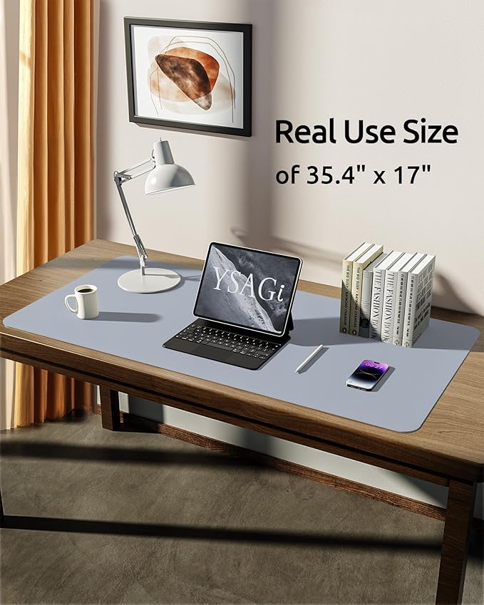YSAGi Leather Desk Protector, Office Mat, Large Mouse Mat, Non-Slip PU Leather Blotter, Laptop Desk Mat, Waterproof Writing Pad for Office and Home (Light Grey, 35.4" x 17")-DeskLoop Office
