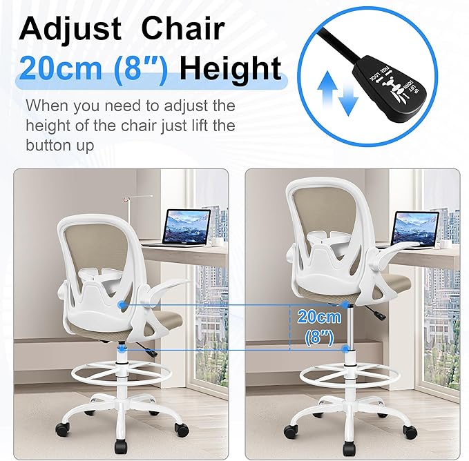 Primy Drafting Chair Tall Office Chair with Flip-up Armrests Executive Ergonomic Computer Standing Desk Chair with Lumbar Support and Adjustable Footrest Ring(Khaki)-DeskLoop Office