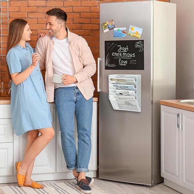 EASEPRES Magnetic 5 Pocket Mesh Hanging File Organizer, Wall Mounted Mail Paper Document Folder Holder, Clipboard Storage Organization Magazine Rack with Nametag Label for Office Home School, White-DeskLoop Office