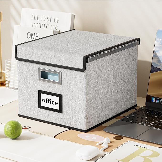 Huolewa Decorative File Storage Organizer Box with Lid, Portable Collapsible Linen Hanging Filing & Storage Boxes for Office/Decor/Home (White) - 14.9 x 12.7 x 10.8 inch - 1Pack-DeskLoop Office