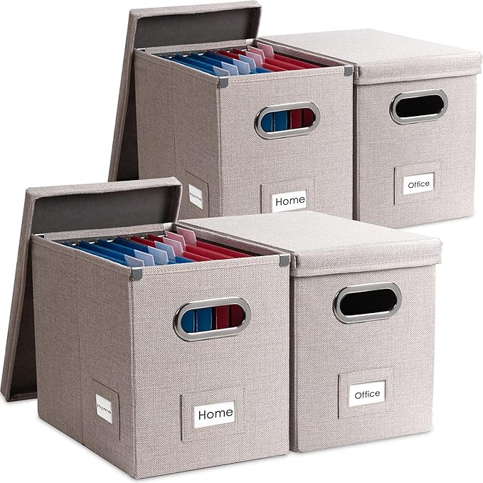 PRANDOM File Organizer Box - Set of 4 Collapsible Decorative Linen Filing Storage Hanging File Folders with Lids Office Cabinet Letter Size Light Grey (14x9.3x10.8 inch)-DeskLoop Office