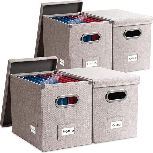 PRANDOM File Organizer Box - Set of 4 Collapsible Decorative Linen Filing Storage Hanging File Folders with Lids Office Cabinet Letter Size Light Grey (14x9.3x10.8 inch)-DeskLoop Office