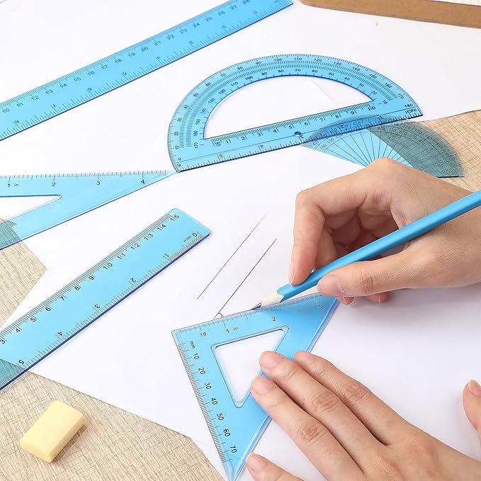 Tenare 1 Set Plastic Clear Math Set Includes Protractor Triangle Rulers 12 Inch 6 Inch Straight Geometry Math Transparent Ruler Measuring Tool for School Office Home Supplies(Blue)-DeskLoop Office