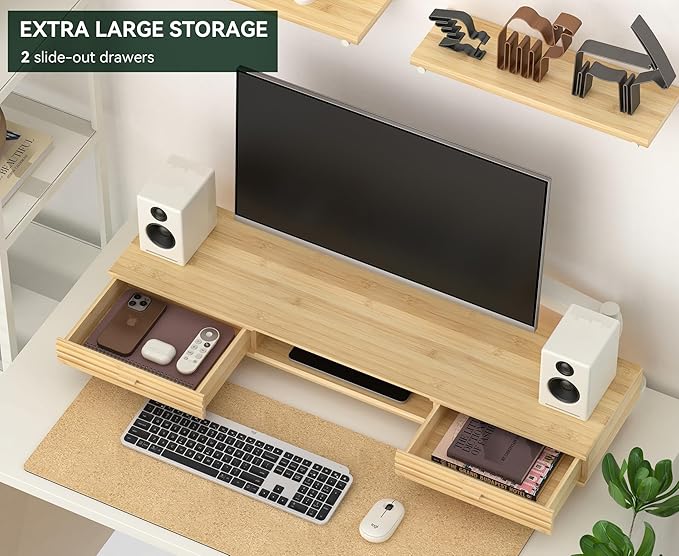 Bamboo Monitor Stand with Drawer - Desk Organizer with Cable Management & Storage, Ergonomic Laptop Riser for Home Office (220lbs Capacity, 39 inch ,Natural)-DeskLoop Office