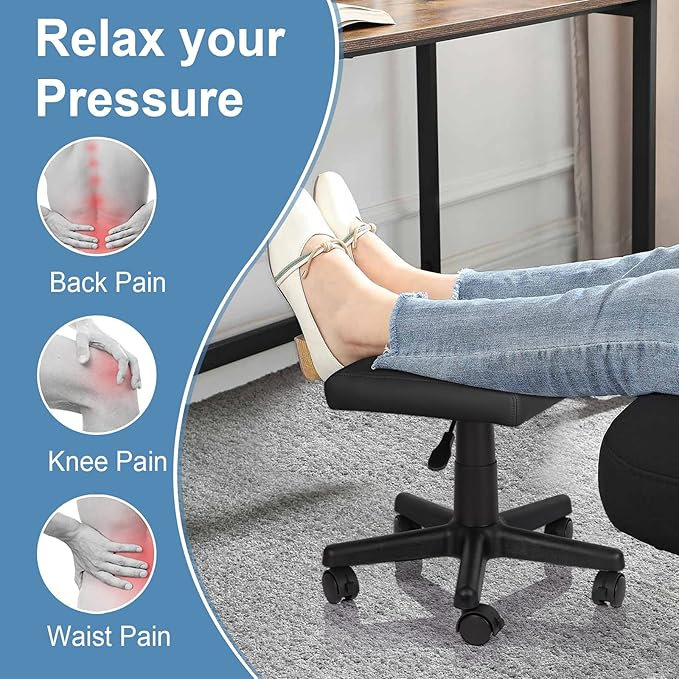 Footrest Stool Under Desk Adjustable Height Footrest Ottoman Ergonomic Foot Stool with Wheels 360° Rolling for Home Office (Black-1)-DeskLoop Office