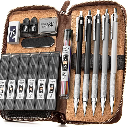 Nicpro 17PCS Metal 2mm Mechanical Pencil Set in Leather Case, 5 PCS 2.0 mm Lead Pencil Holders (4B 2B HB 2H 4H) 6 Tube Black Colored Lead Refills, Erasers, Sharpener For Art Drafting Sketching Drawing-DeskLoop Office