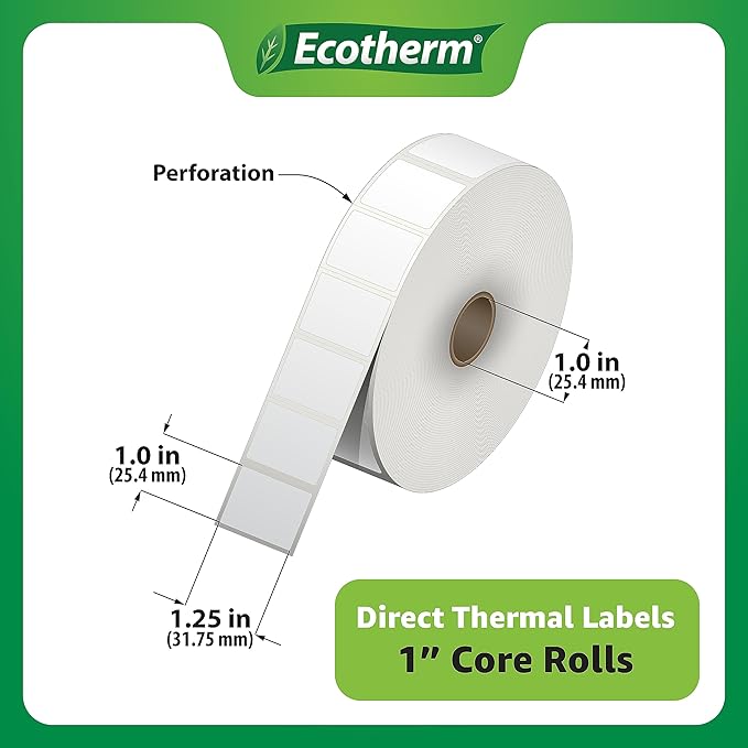 1.25" x 1" Thermal Labels | 6 Rolls | 14040 Labels | fits Zebra, Godex, Arkscan, iDPRT, Offnova Thermal Label Printers and More | Blank White Adhesive Stickers by Ecotherm-DeskLoop Office