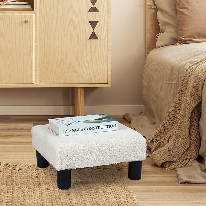 Joveco Small Foot Rest Stool Ottoman, Square Boucle Upholstered Footrest with Plastic Legs, Under Desk Footstool for Chair, Office, Living Room, White-DeskLoop Office