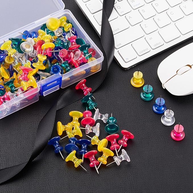 Outus 100 Pcs Giant Push Pins Large Thumb Tacks Plastic Heads 1 Inch Jumbo Push Pins for Cork Board Map Posters Office School(Rose Red, Clear, Dark Blue, Dark Green, Yolk Yellow)-DeskLoop Office