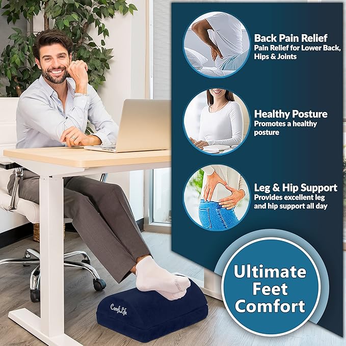 ComfiLife Foot Rest for Under Desk at Work – Adjustable Height Memory Foam Foot Stool for Under Desk, Office Chair & Gaming Chair – Ergonomic Footrest for Back & Hip Pain Relief (Navy)-DeskLoop Office