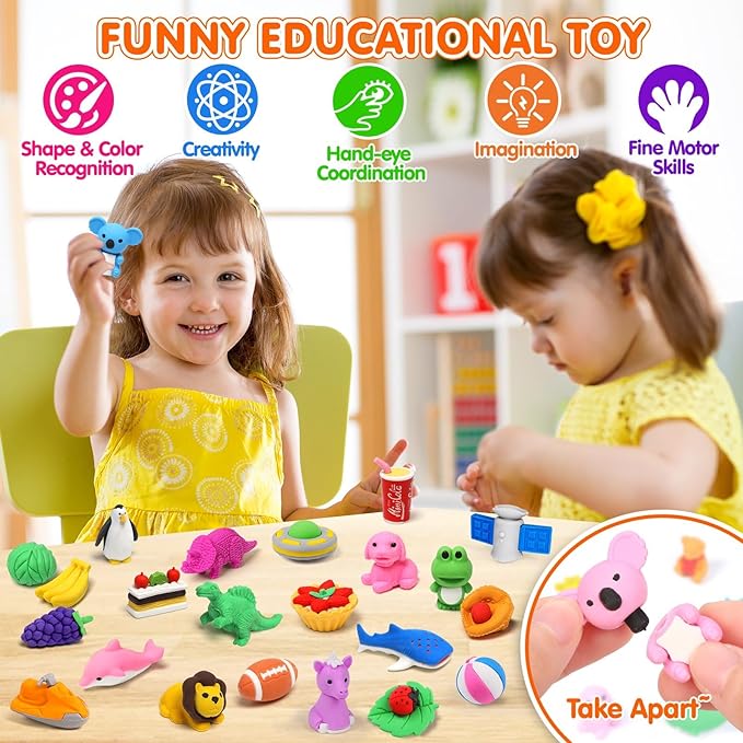 100 Pack Animal Erasers Desk Pet for Kids 3D Puzzle Pencil Eraser Take Apart Bulk Treasure Box Toy for Classroom School Prize Kids Party Favors Back to School Supplies Goodie Bag Stuffers Gift(Random)-DeskLoop Office
