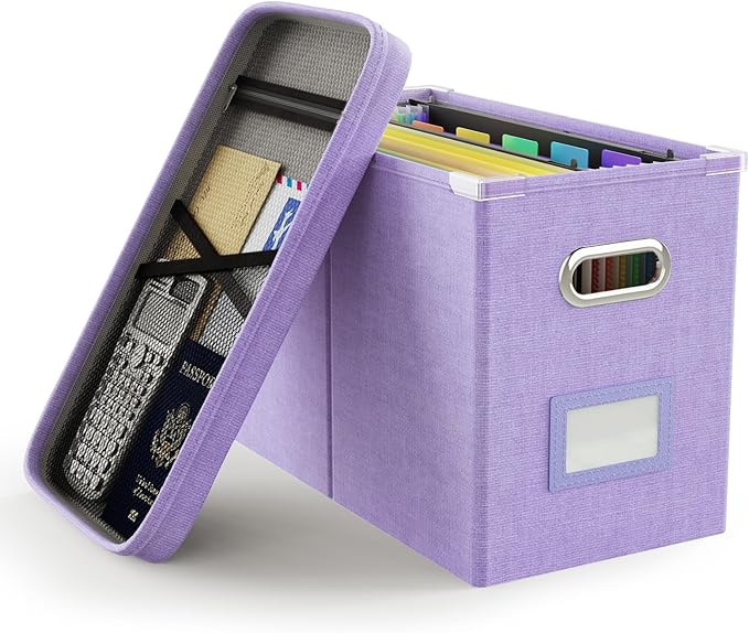 Oterri File Organizer Box with Lid, Hanging Filing File Box with Mesh Pocket, Document Organizer Box for Letter Files, Portable Storage Box with Smooth Sliding Rail for Office&Home (1 PCS, Lavender)-DeskLoop Office