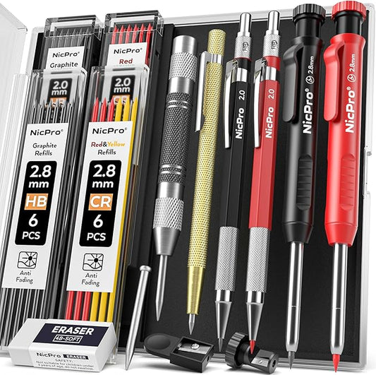 Nicpro 11 Pack Carpenter Pencil Set with Sharpener, Mechanical Carpenter Pencils with 40 Refill, Automatic Center Punch and Carbide Scribe Tool, Heavy Duty Construction Pencil for Architect-With Case-DeskLoop Office