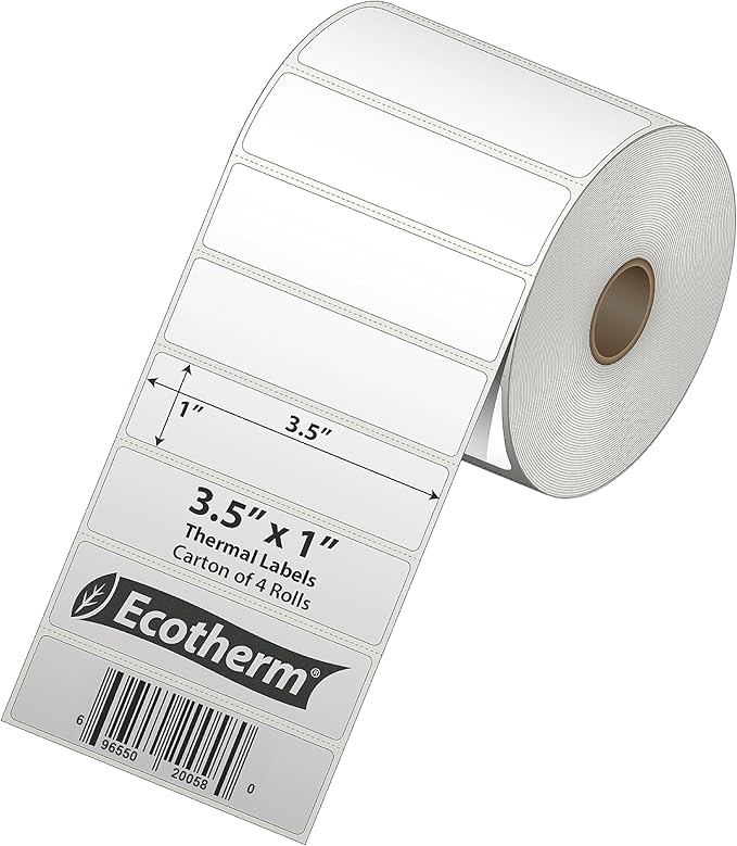 3.5" x 1" Thermal Labels | 4 Rolls | 5360 Labels | fits Zebra, Munbyn, Rollo, Godex, Arkscan, iDPRT, Offnova Thermal Label Printers and More | Blank White Adhesive Stickers by Ecotherm-DeskLoop Office