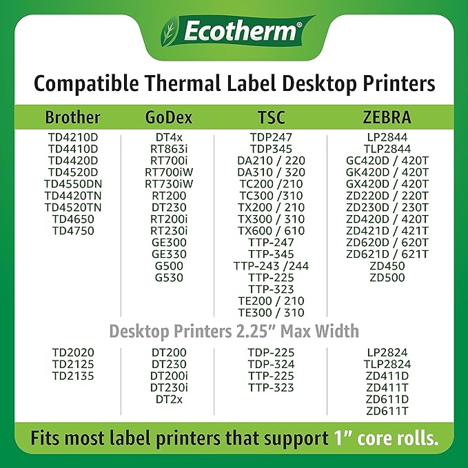 2" x 1.5" Thermal Labels | 6 Rolls | 8220 Labels | fits Zebra, Munbyn, Rollo, Godex, Arkscan, iDPRT, Offnova Thermal Label Printers and More | Blank White Adhesive Stickers by Ecotherm-DeskLoop Office