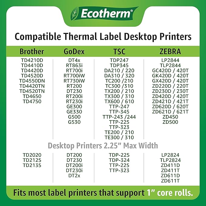 4" x 1.25" Thermal Labels | 6 Rolls | 12600 Labels | fits Zebra, Munbyn, Rollo, Godex, Arkscan, iDPRT, Offnova Thermal Label Printers and More | Blank White Adhesive Stickers by Ecotherm