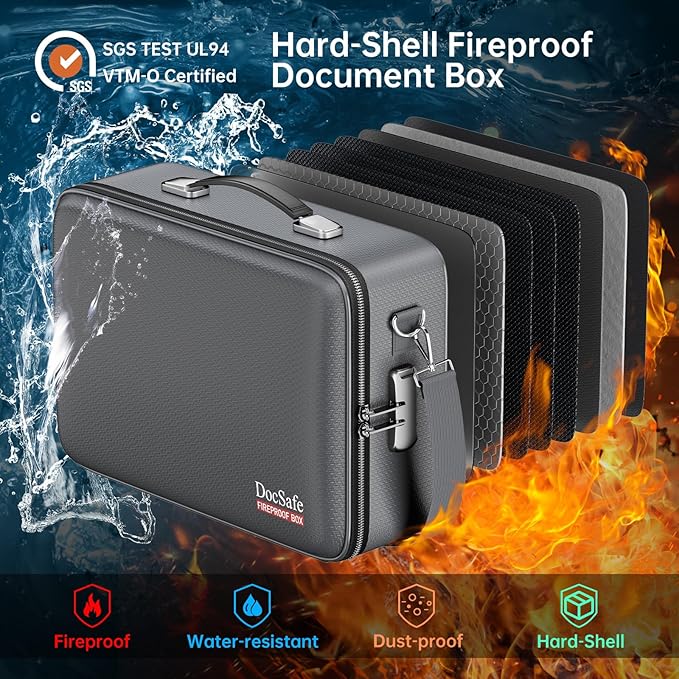 DocSafe Fireproof Document Box with Lock, Hard Case File Organizer with Accordion File Folder, Fireproof Water Resistant Safe Box Home Office Travel Storage for Important Documents Laptop Gray-DeskLoop Office