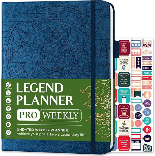 Legend Planner PRO – Deluxe Weekly & Monthly Life Planner to Increase Productivity and Hit Your Goals. Time Management Organizer Notebook – Undated – 7 x 10" Hardcover + Stickers – Mystic Blue-DeskLoop Office