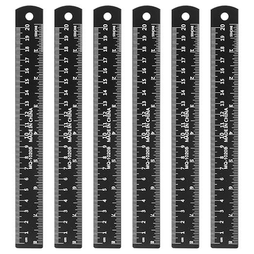 HARFINGTON 6pcs Metal Straight Ruler 20cm Metric SAE Aluminum Alloy Measuring Rulers Scale Tool with Hole for Measure Study Reading Classroom Office, Black-DeskLoop Office