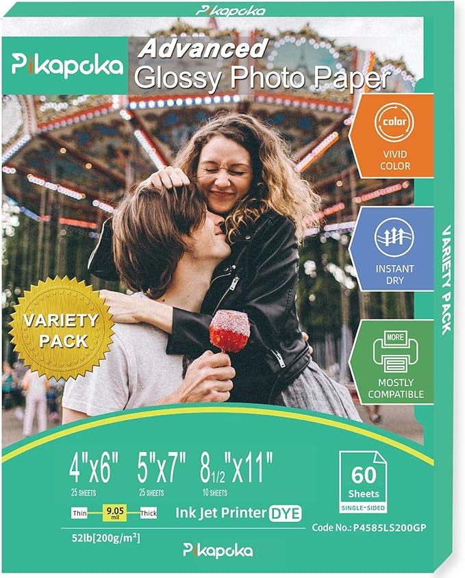 Glossy Photo Paper 4x6, 5x7, 8.5x11, 60 Variety Pack Bulk, Assorted Sizes, Inkjet printer, 52lb/200gsm-DeskLoop Office