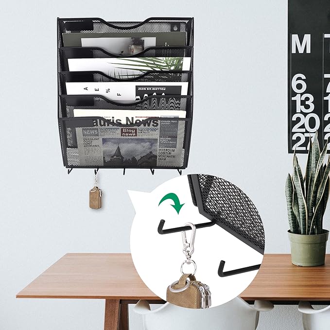 EASEPRES 5 Pocket Mesh Hanging File Organizer with Key Holder Hooks & Nametag Label, Wall Mounted Mail Paper Document Folder Storage Organization Magazine Rack for Office Cubicle, 5 Tier Black-DeskLoop Office