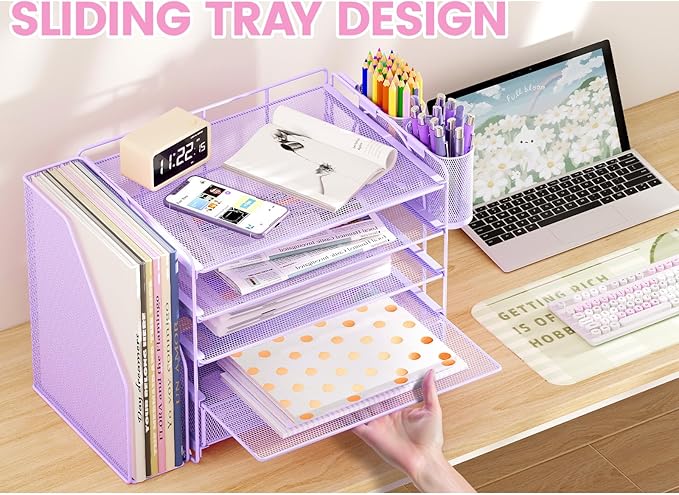 Desk Organizers and Accessories, 5-Tier Paper File Organizer with Drawer & Pen Holder, Office Desk Accessories Workspace Desktop Organizer for Office Supplies((Purple)-DeskLoop Office