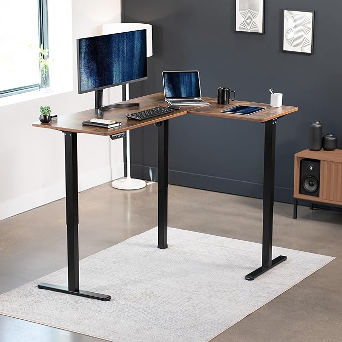 VIVO Electric Corner L-Shaped 63 x 47 in Rustic Standing Desk, Memory Height Adjustment, Vintage Brown Top Black Frame, DESK-E3CTN-47-DeskLoop Office