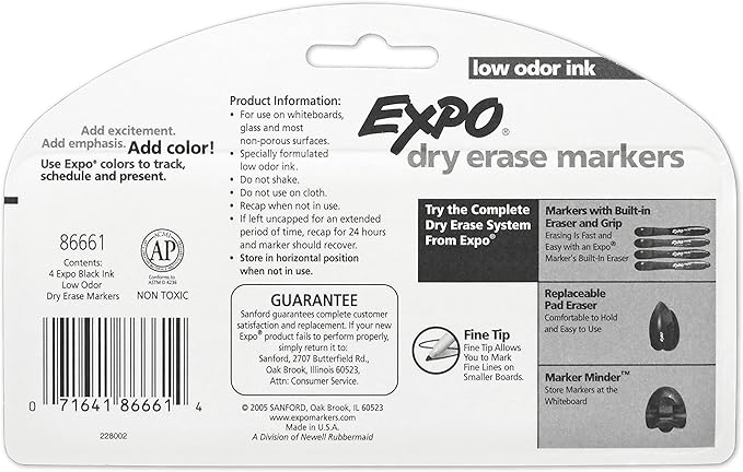 EXPO Low Odor Dry Erase Markers Fine Tip Black 4 Count-DeskLoop Office