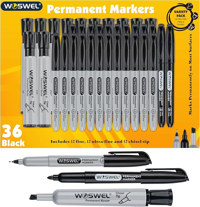 Permanent Markers 36 Variety Pack Bulk,Featuring Ultra-Fine,Chisel Tip,And Fine Tip Marker Set,Writing And Poster Black Markers,Works on Plastic,Wood,Stone,Metal and Glass for Doodling, Marking-DeskLoop Office