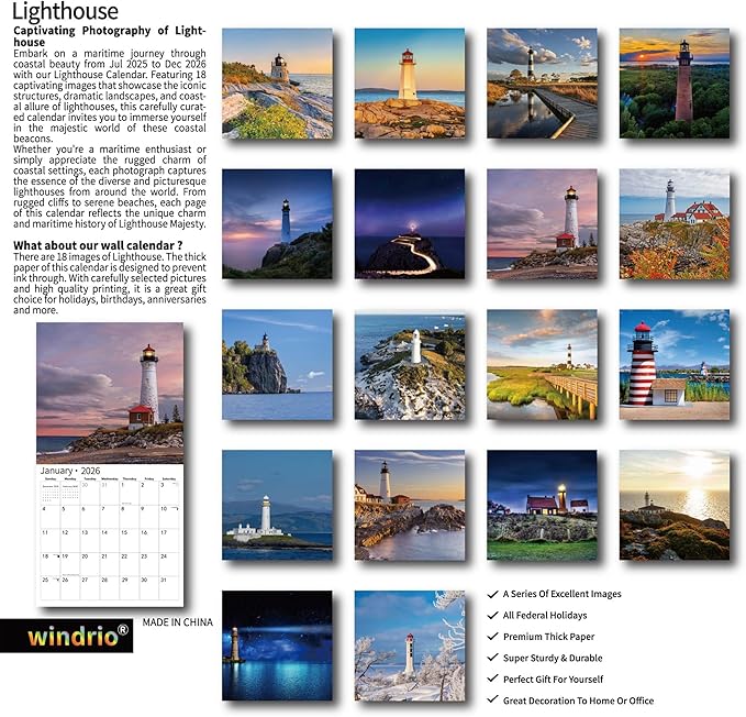 2025 Wall Calendar,Calendar 2026, July 2025 - December 2026, Wall Calendar Lighthouses, 12" x 24" Opened,Full Page Months Thick & Sturdy Paper for Calendar Organizing & Planning-DeskLoop Office