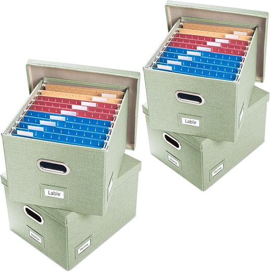 PRANDOM File Organizer Box - Set of 4 Collapsible Decorative Linen Filing Storage Hanging File Folders with Lids Office Cabinet Letter/Legal Size Green 17.1x14x11.1 inch-DeskLoop Office