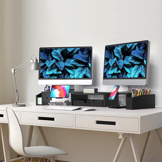 Simple Houseware Desk Dual Monitor Stand Riser with Drawer, Black-DeskLoop Office