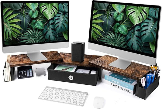 Dual Monitor Stand Riser With Drawer, Office Desk Organizers And Accessories, Computer Monitor Riser For 2 Monitors For Desk, Monitor Shelf With Adjustable Length & Angle-DeskLoop Office