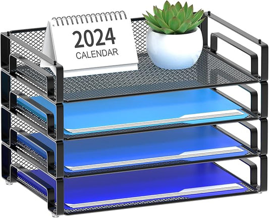 Samstar 4 Pack Stackable Letter Paper Tray, Desk File Organizer Paper Sorter for Letter/A4 Size Folders Documents, Mesh Made-DeskLoop Office