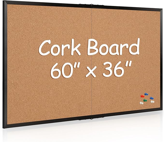 Board2by Extra Large Cork Bulletin Board 60" X 36", Foldable Notice Pin Board for Wall, Black Wood Framed 5'x3' Corkboard, Wall Mounted Noticeboard with 36 Push Pins for School, Home & Office-DeskLoop Office