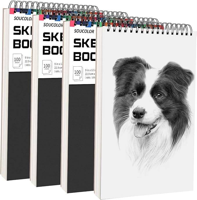 Soucolor Artist 9x12 Sketch Book Set, 4 Pack 100-Sheet Spiral Drawing Pads (68lb/100gsm) | Acid-Free Drawing Paper for Teens, Adults Classroom Art Supplies, Charcoal, Graphite, Pastel Pencils & Sticks-DeskLoop Office