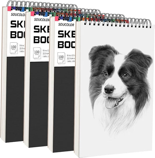 Soucolor Artist 9x12 Sketch Book Set, 4 Pack 100-Sheet Spiral Drawing Pads (68lb/100gsm) | Acid-Free Drawing Paper for Teens, Adults Classroom Art Supplies, Charcoal, Graphite, Pastel Pencils & Sticks-DeskLoop Office
