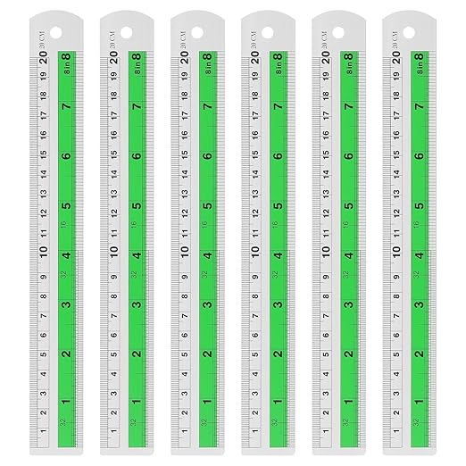 HARFINGTON 6pcs Metal Straight Ruler 20cm Metric SAE Aluminum Alloy Measuring Rulers Scale Tool with Hole for Measure Study Reading Classroom Office, Green-DeskLoop Office