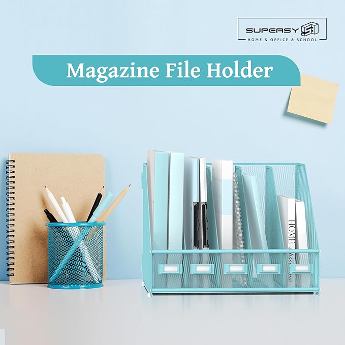 SUPEASY Desk Organizers Metal Desk Magazine File Holder with 5 Vertical Compartments Rack File Organizer for Office Desktop, Home Workspace, Blue-DeskLoop Office