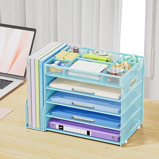 Marbrasse 5-Tier Desk Organizer with File Holder,Paper Letter Tray Organizer,Desktop File Organizer with Adjustable Compartments,Mesh Desk Organizers and Accessories for Office Supplies,Blue-DeskLoop Office