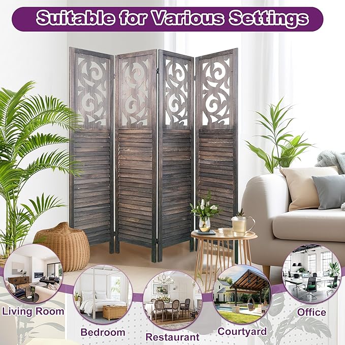 Room Divider, 5.6FT Folding Room Divider Panel, 4 Panel Craved Wood Partition Wall Divider for Room Separation, Rustic Brown-DeskLoop Office