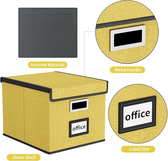 Huolewa Collapsible File Storage Organizer Box with Lid, Linen Document Storage Organization, Universal Hanging Filing Box for Letter/Legal Folder, Decorative Office/Home File Bins - yellow, box only-DeskLoop Office