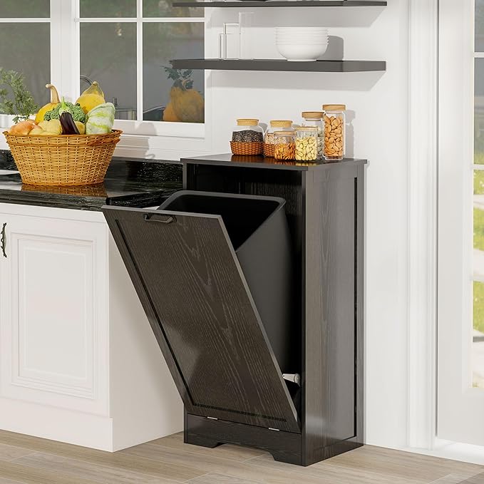 Tilt Out Kitchen Trash Can Cabinet, Pet Proof Wooden Kitchen Garbage Can with Lid, Hidden Laundry Basket Organizer, 10 Gallon Free Standing Bathroom Laundry Hamper Cabinet, Black-DeskLoop Office