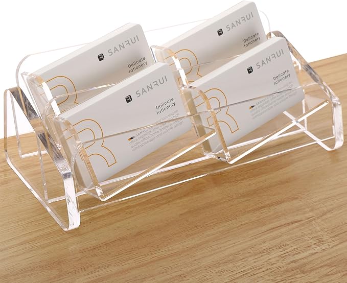 SANRUI Business Card Holder for Desk, Slant Clear Acrylic Desktop Cards Organizer, 2 Tier 4 Slots, Holds 240 Cards-DeskLoop Office