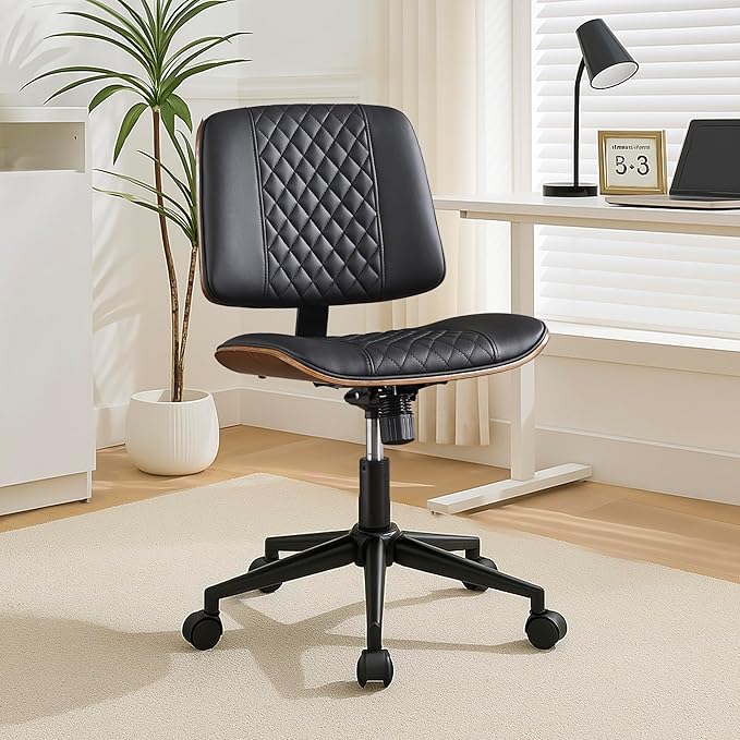 Modern Black Home Office Chair – Armless Mid-Back Desk Chair with PU Leather, Adjustable Height, Swivel Wheels, Walnut Wood Finish, Perfect for Small Spaces-DeskLoop Office
